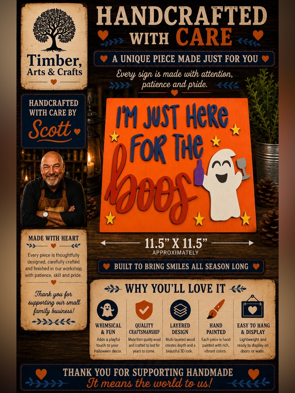 Hand Crafted Wooden "I’m Just Here For The Boos " Door Hanger Laser Cut